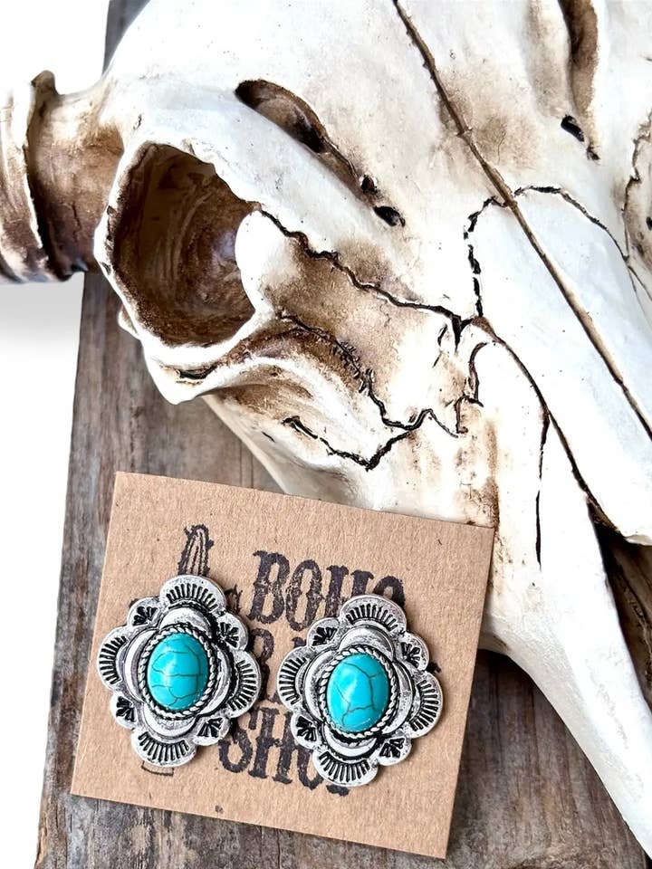 Western Turquoise Stone Concho Stud Earrings for wholesale by Boho Ranch Shop