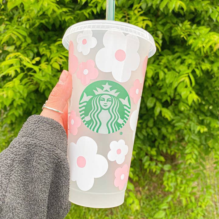 Lovely JEN's Designs - Wholesale Drinking Glass/Cup - Pink Retro Flowers Starbucks Cup7