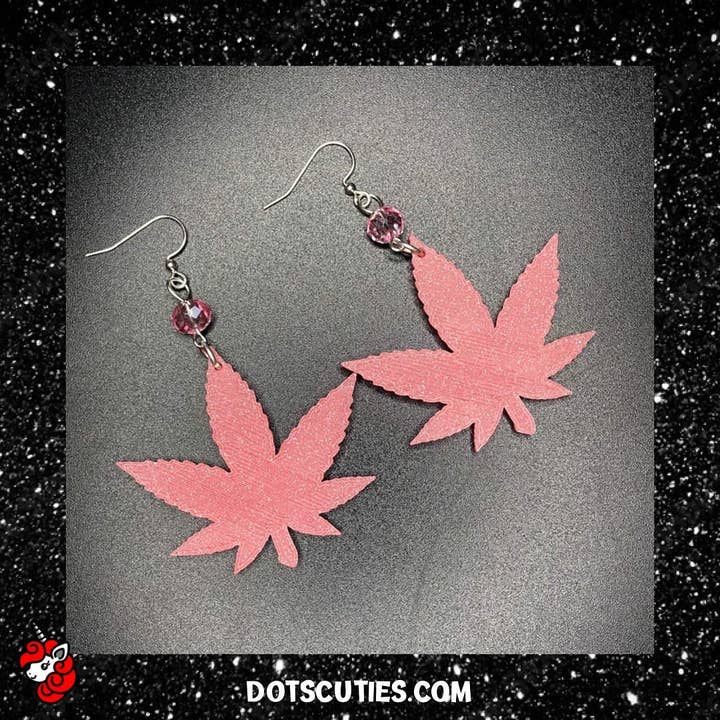 Glitter Pink cannabis leaf dangle earrings| kitschy, pot leaf, mary jane, marijuana, weed, 420 for wholesale by Dot's Cuties