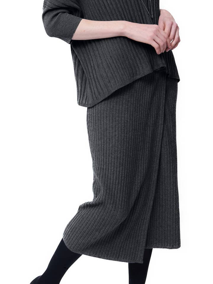 Lexi RIb-Knit Midi Wrap Skirt; Anthracite for wholesale by Biana