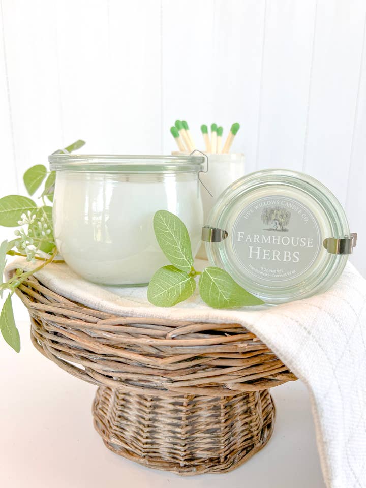 Farmhouse Herbs 9 oz. European Preserve Jar Candle for wholesale by Five Willows Candle Co.