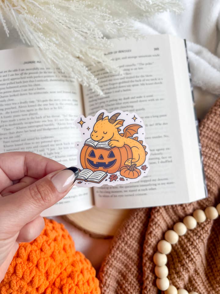 Cute Bookish Pumpkin Dragon Sticker | Halloween Stickers for wholesale by Bumblebry Designs