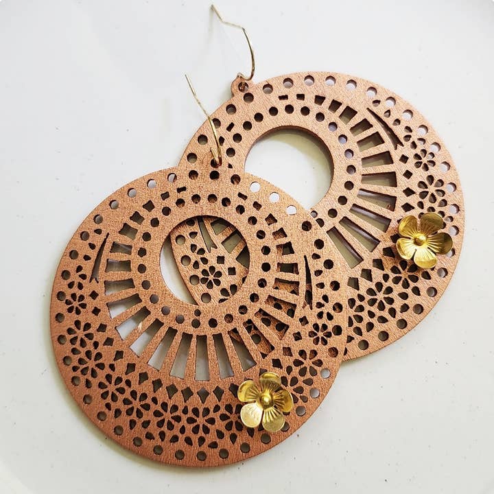 Wood & Brass Flower Boho Dangle Earrings, Polka Dot Details for wholesale by Sara Sela Jewelry