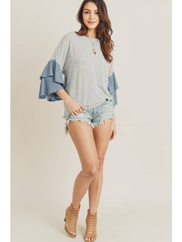 Grey Denim Tiered Bell Sleeve Color Block Top - 11384t for wholesale on Faire