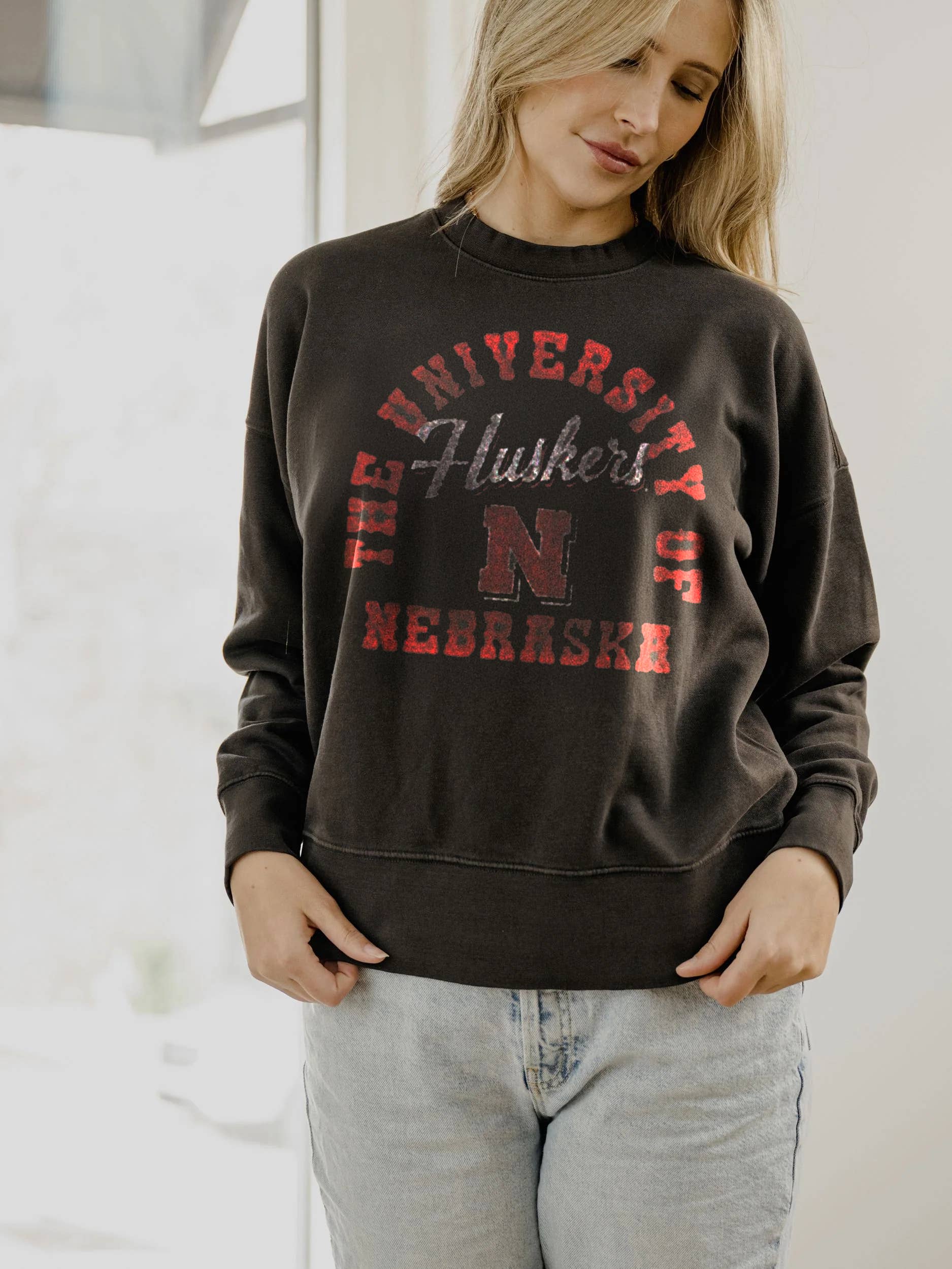 LivyLu - Wholesale Graphic Sweatshirt - Women's - Nebraska Huskers Draft Charcoal Hi-Dive Sweatshirt