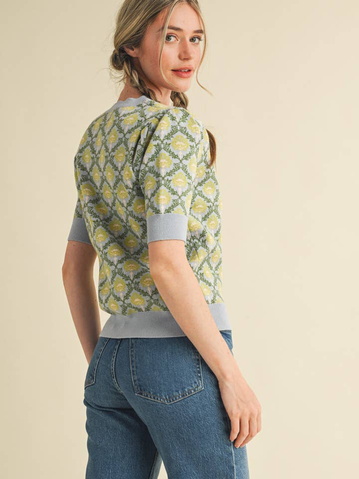 &MERCI - Wholesale Knit Sweater - Women's - FLORAL PATTERN SHORT SLEEVE SWEATER MSW1086045