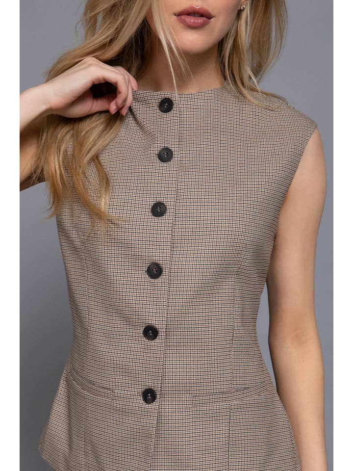 Active Basic | Active USA - Wholesale Suit Vest - Women's - Sleeveless Crew Neck Front Button Down Checked Vest3