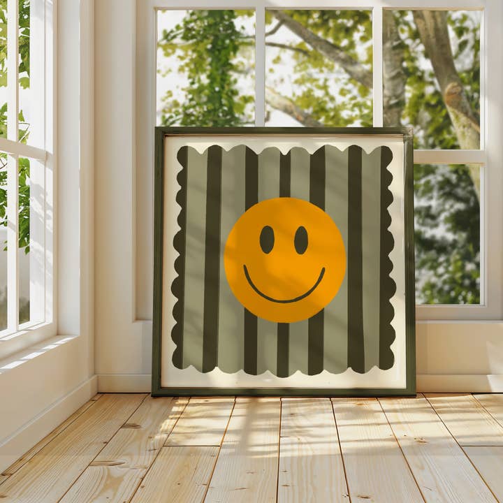 Kate Fox Design - Wholesale Art Print - Olive Stripe Smiley, Dopamine Decor, Maximalist, ColourfulÂ