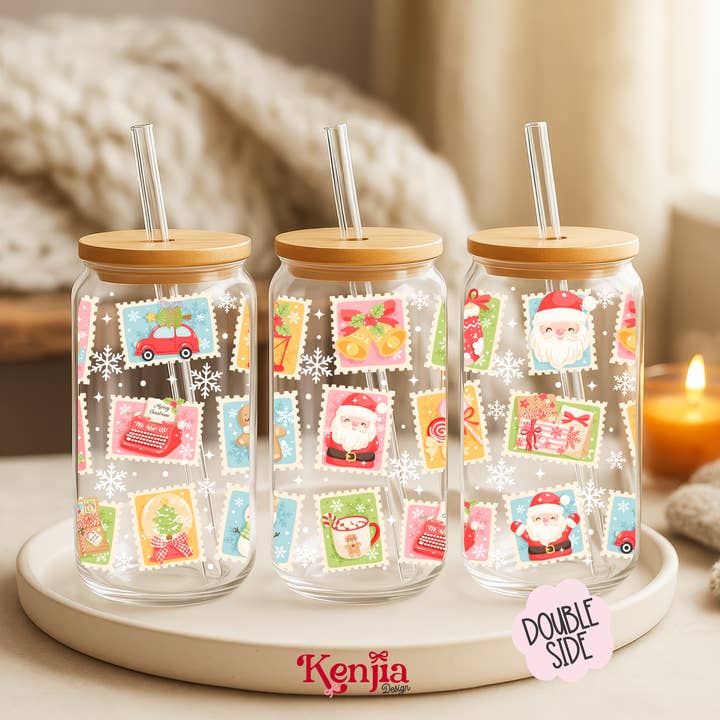 Christmas 16 OZ Glass Can With Lid & Straw / Holiday Stamp for wholesale by Kenjia Design