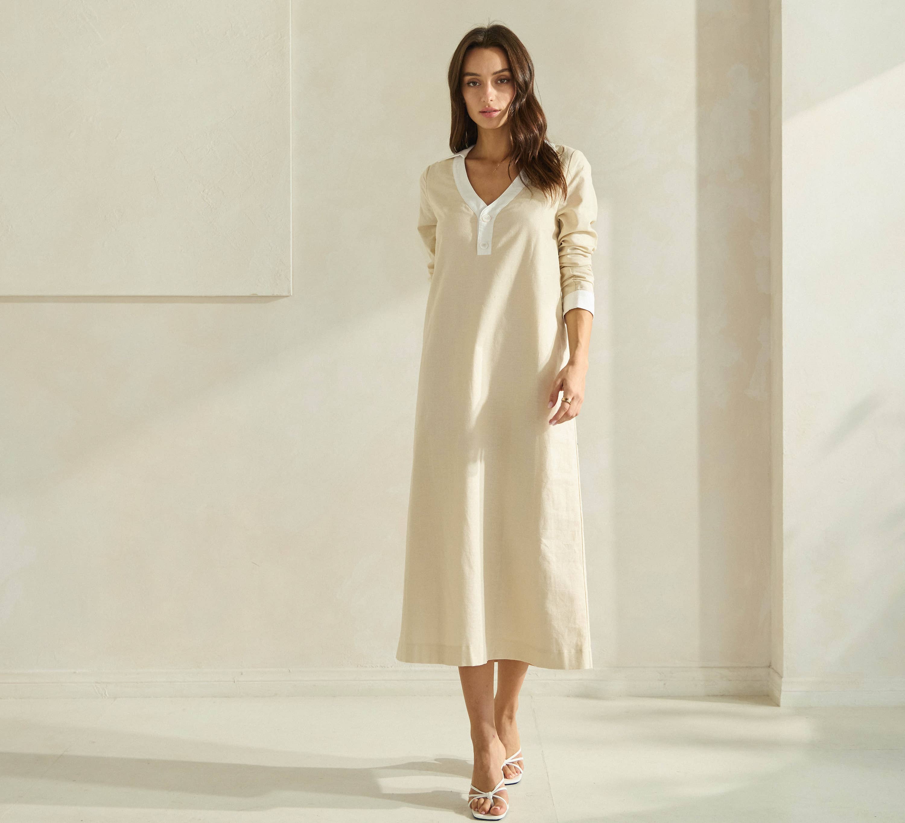 PINK ORANGE Contrast Trim Linen Dress for wholesale on Faire8