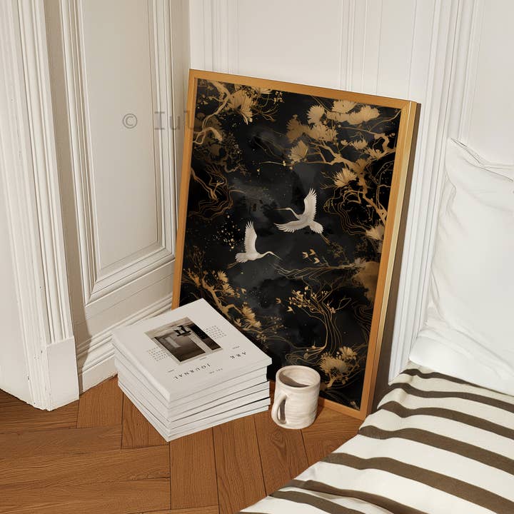 IuliiaArtPrints - Wholesale Art Print - Wabi Sabi Japanese Bird Art, Pair of Cranes with Gold Accent8