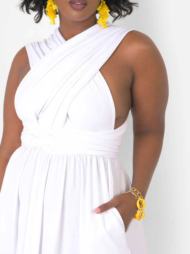 White Dreamy Sleeveless V Neck Multiway Skater Maxi Dress W. Pockets for wholesale on Faire13