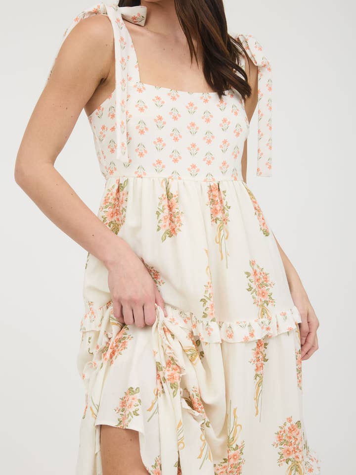 FLORAL BOUQUET PRINT TIE STRAP EMPIRE TIERED DRESS for wholesale by MINE