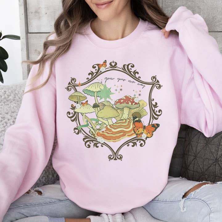 Refinery Number One LLC - Wholesale Graphic Sweatshirt - Women's - Grow Your Own Way, Mushrooms, Moth, Flowers, Nature, Cottage Sweatshirt1