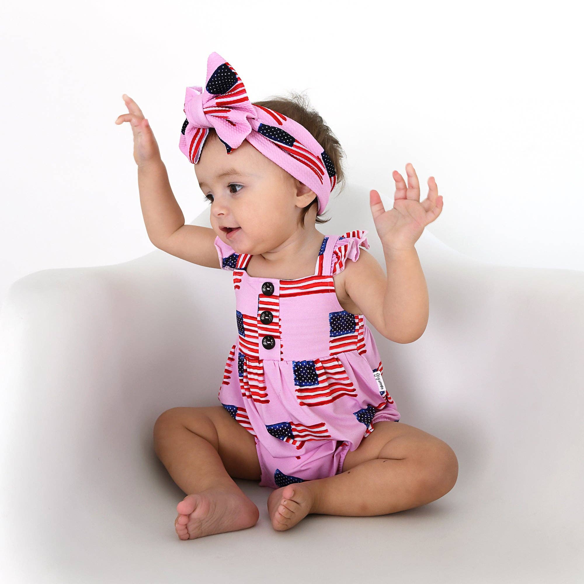 Gigi and Max - Wholesale Bodysuit (Non-Footed) - Baby - Betty Pink Flag Button Bubble Bamboo 4th of July2
