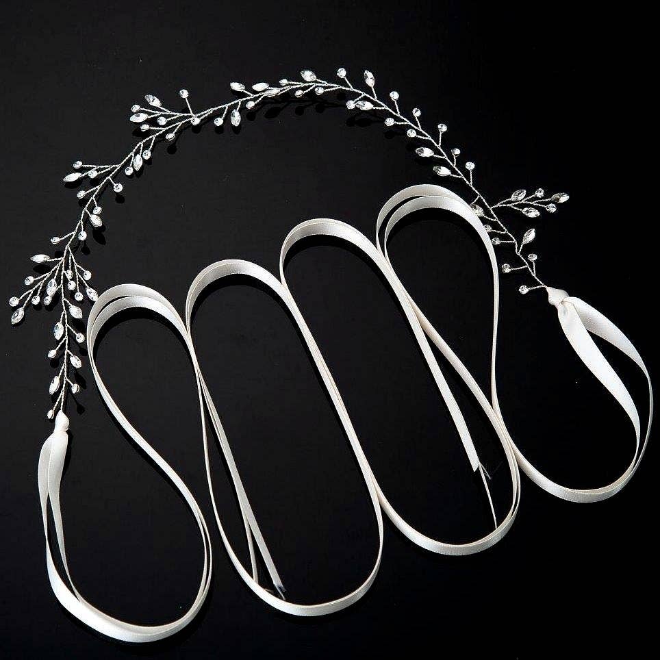 Silver Clear Floral Handmade Crystal Hairband Belt for wholesale on Faire0