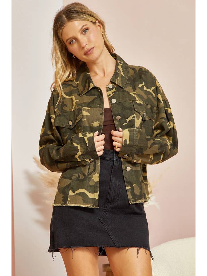 Camo Drop Shoulder Jacket 19846-C for wholesale on Faire