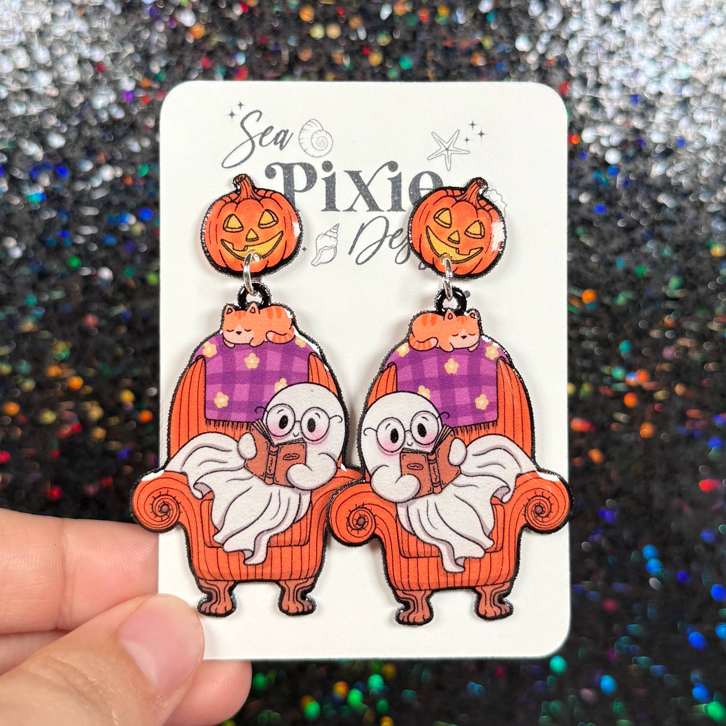 Sea Pixie Designs - Wholesale Dangle Earrings - Ghost Reading Books Halloween Dangle Earrings, Spooky & Cute