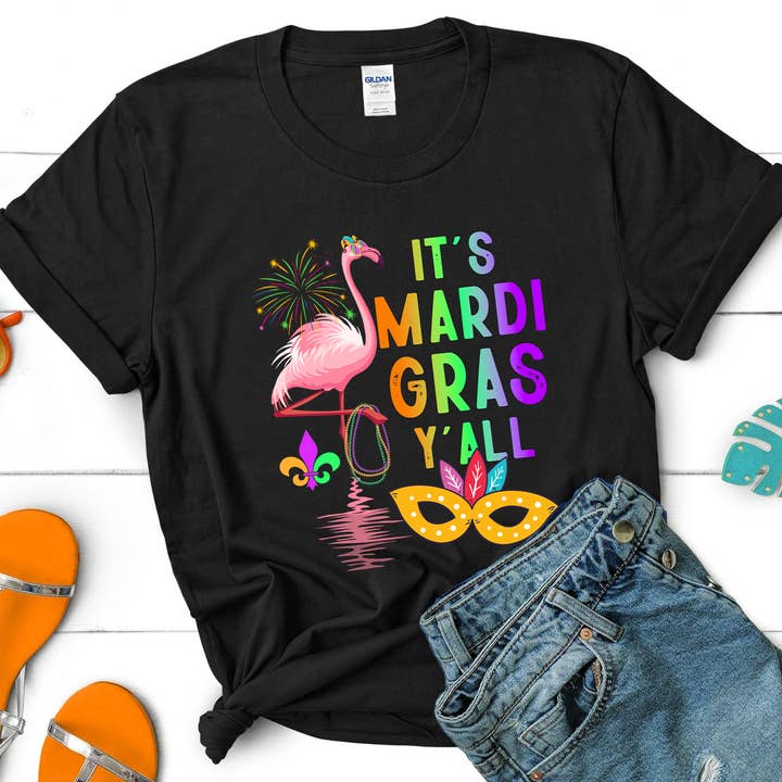 Vivtrek - Vente T-shirt sérigraphié – femme - T-shirt de carnaval Happy Mardi Gras It's Mardi Gras Y'Alll Tee