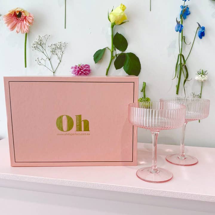 Pink Ribbed Champagne Glass (set Of Two) for wholesale by Oh It's Perfect