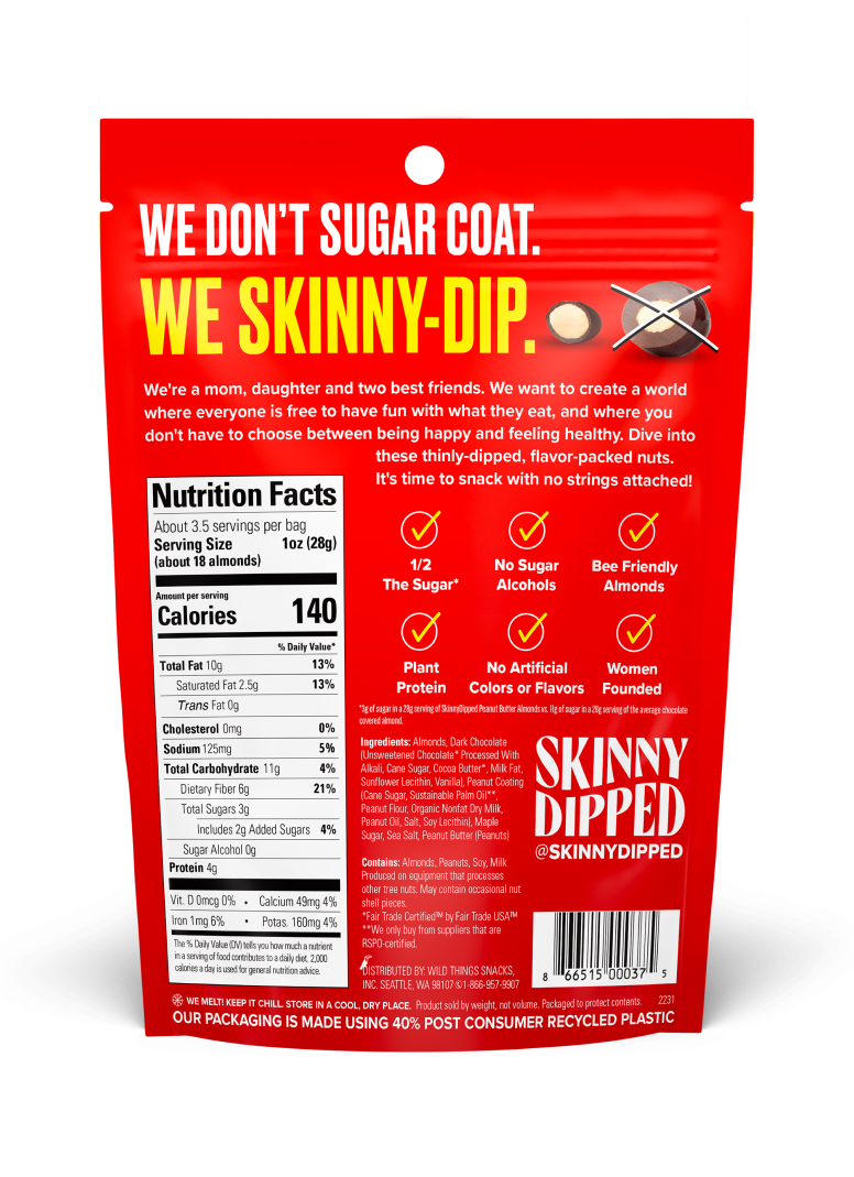 SkinnyDipped - Wholesale Chocolate Covered Sweets - Dark Chocolate Peanut Butter Almonds Pouch, 3.5oz1