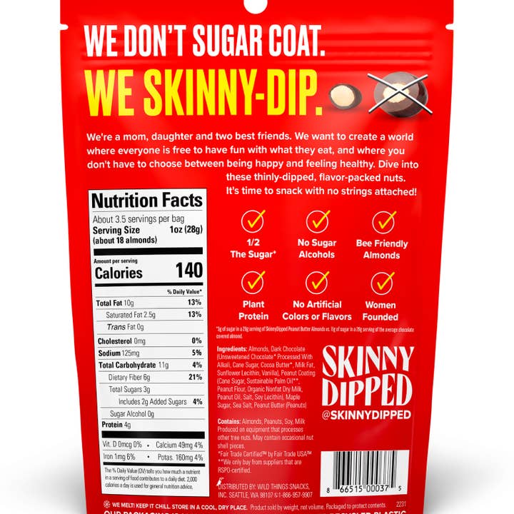 SkinnyDipped - Wholesale Chocolate Covered Sweets - Dark Chocolate Peanut Butter Almonds Pouch, 3.5oz1