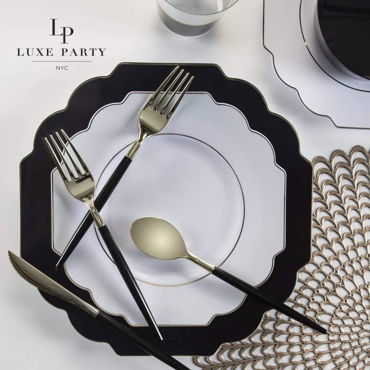 Luxe Party - Wholesale Disposable Plate - Scalloped Black • Gold Plastic Plates | 10 Pack