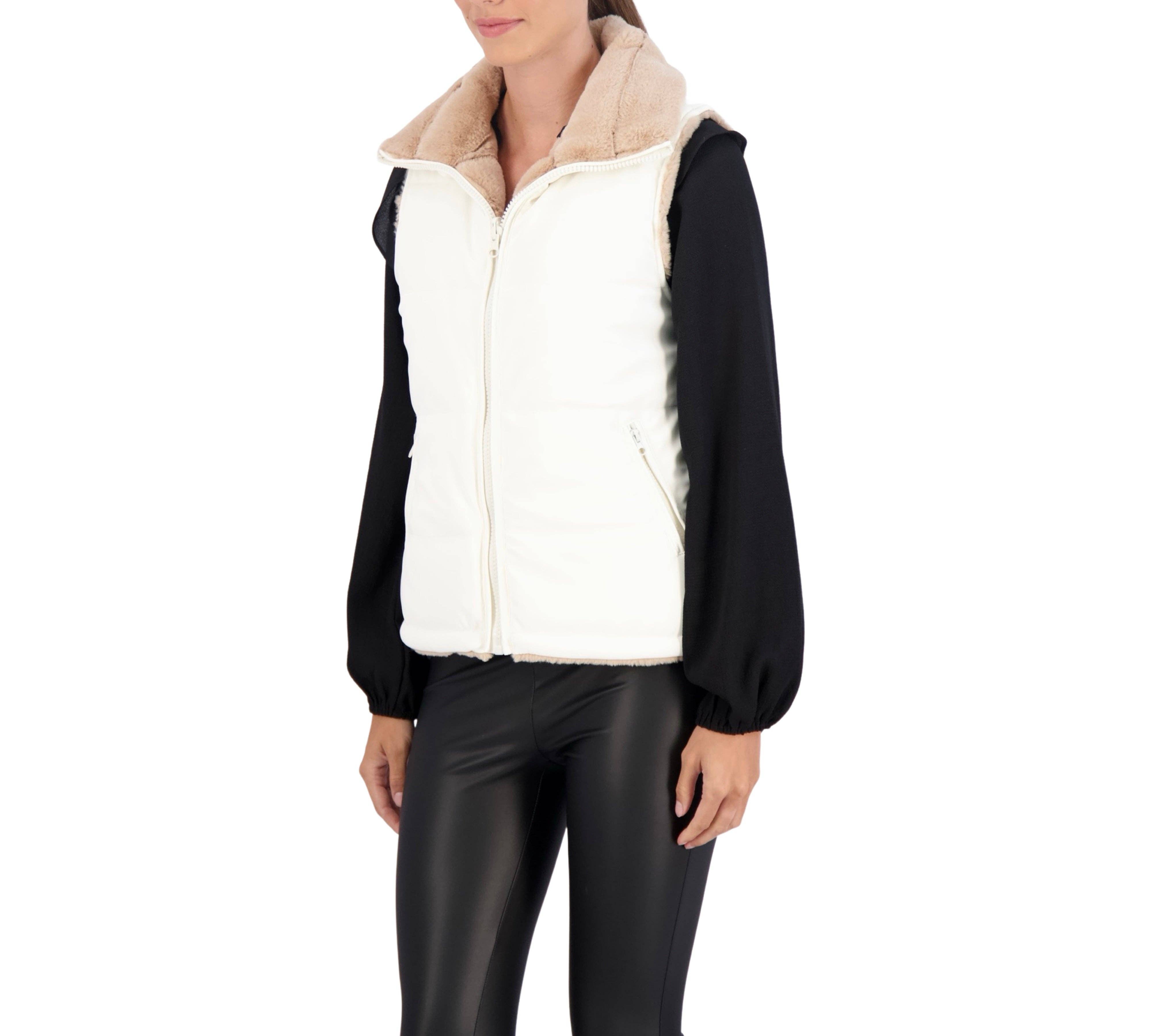 Ivory Carbon Puffer Vest Reversible to Grooved Faux Fur for wholesale on Faire5
