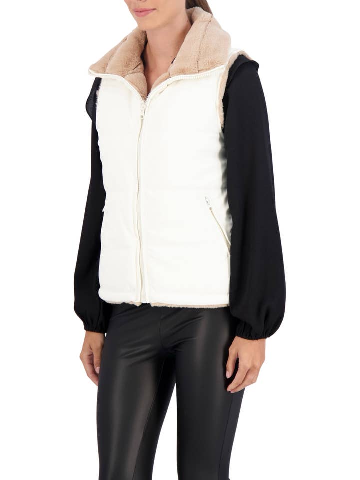 Ivory Carbon Puffer Vest Reversible to Grooved Faux Fur for wholesale on Faire5