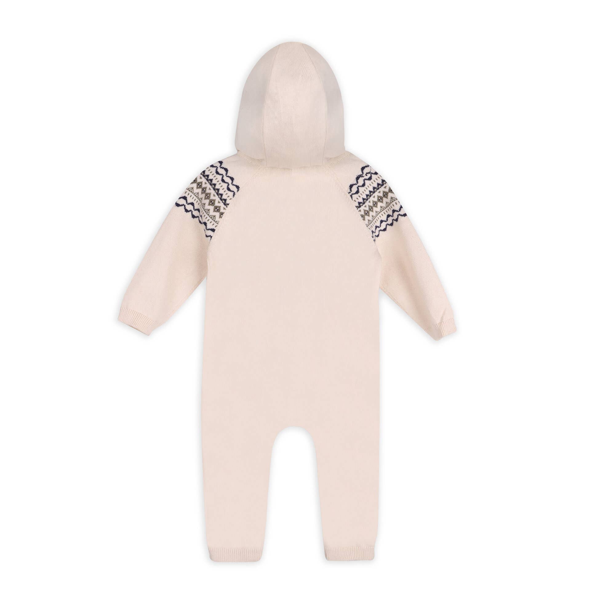 Natural Fair Isle Jacquard Sweater Knit Baby Hooded Jumpsuit for wholesale on Faire2