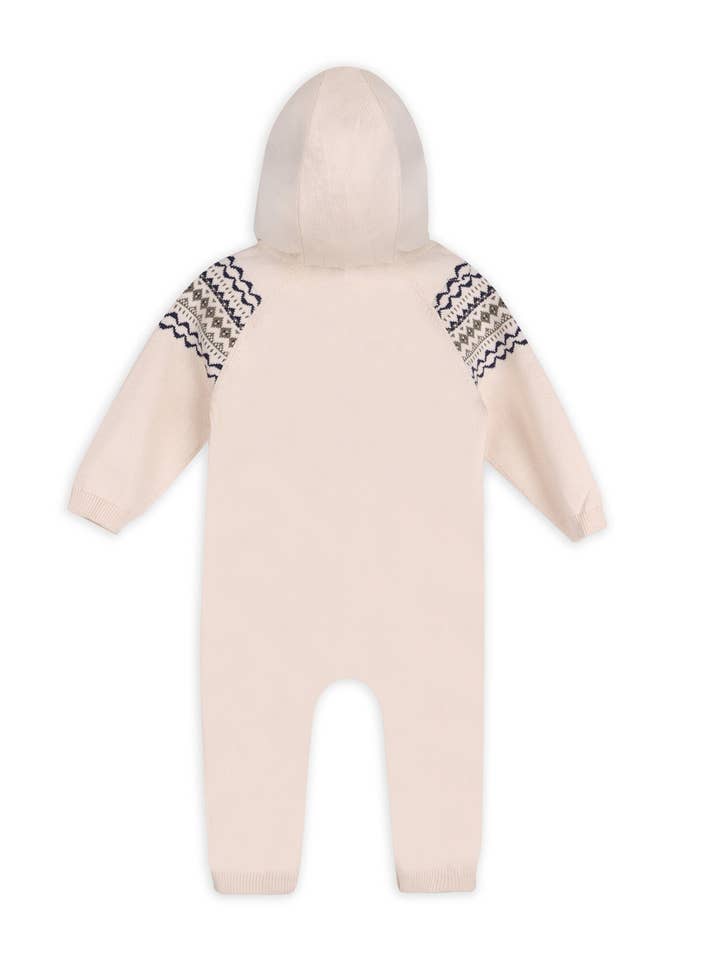 Natural Fair Isle Jacquard Sweater Knit Baby Hooded Jumpsuit for wholesale on Faire2