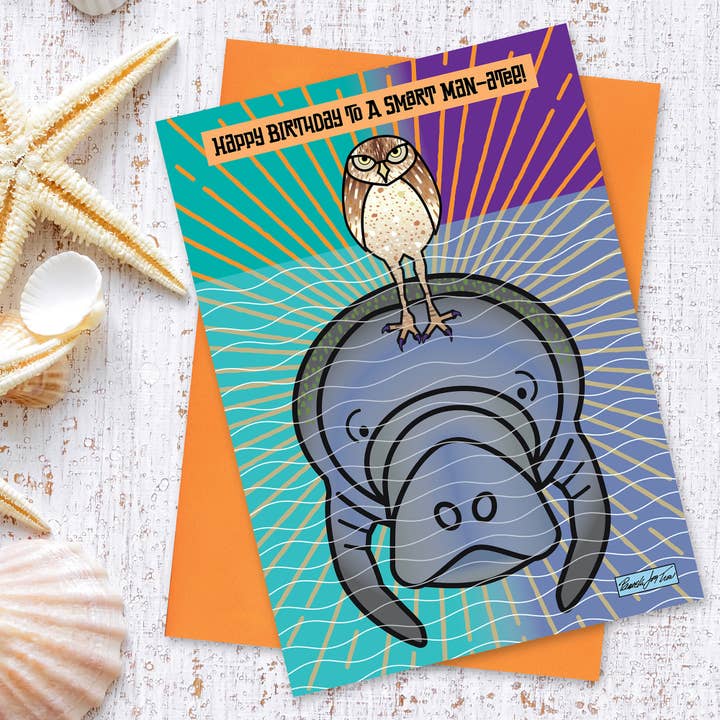The Art of Pamela Joy Trow - Wholesale Birthday Card - Happy Birthday Card for Men with Owl on a Manatee
