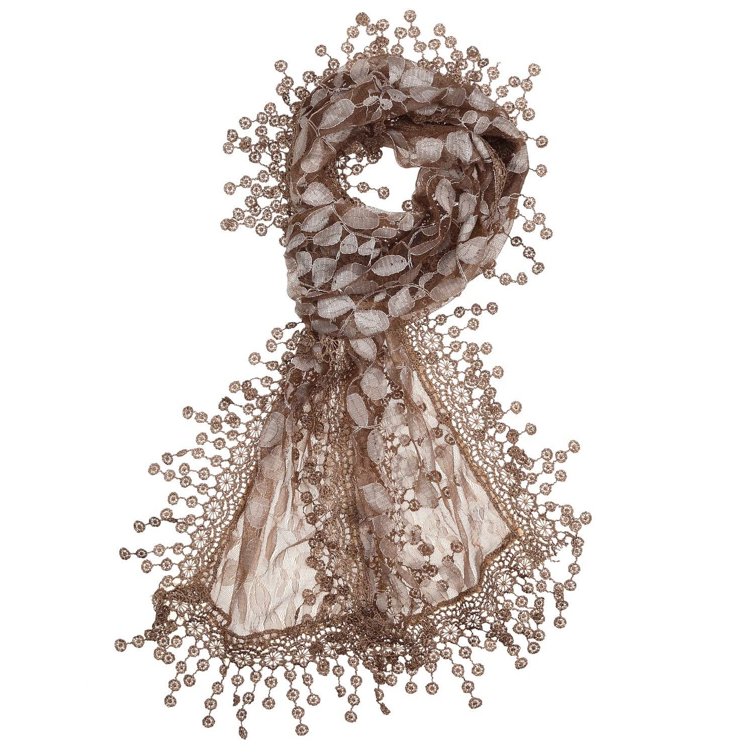 Jasper Trading LLC - Wholesale Scarf - Women's - S2149_BROWN - One Piece Leaf Pattern Lace Scarf with Tassels1