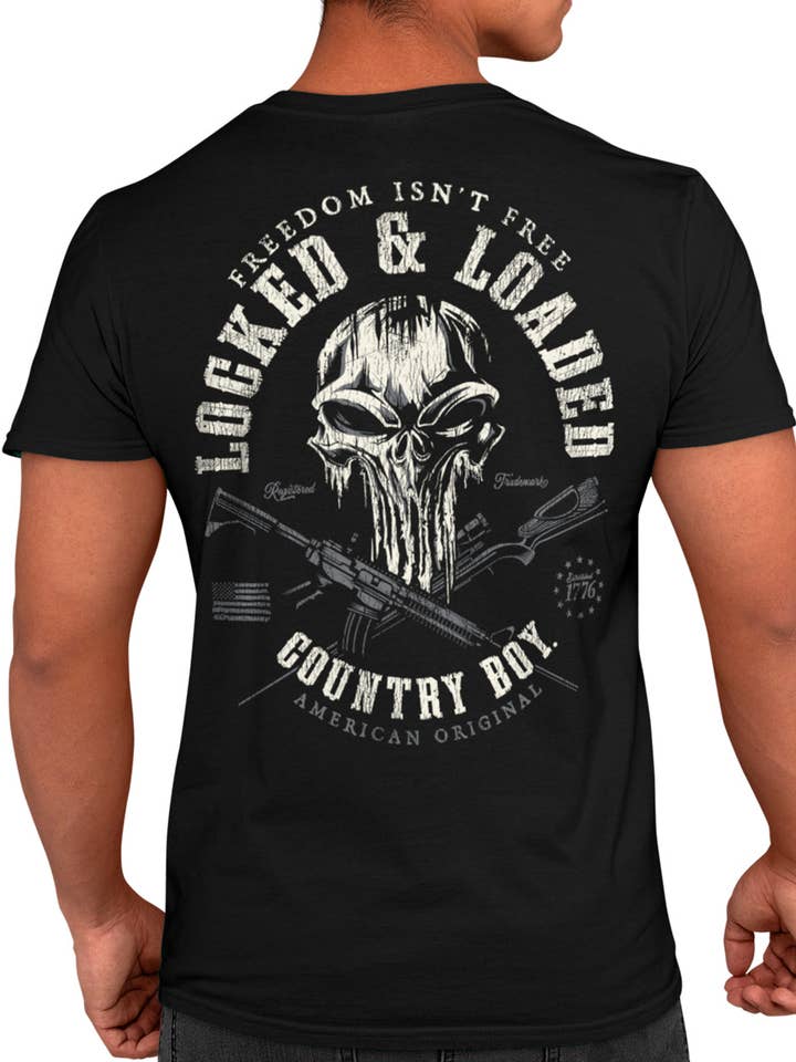 Camiseta de algodón para hombre Country Boy® CB Locked & Loaded Skull Grey para venta al por mayor de Country Girl Store