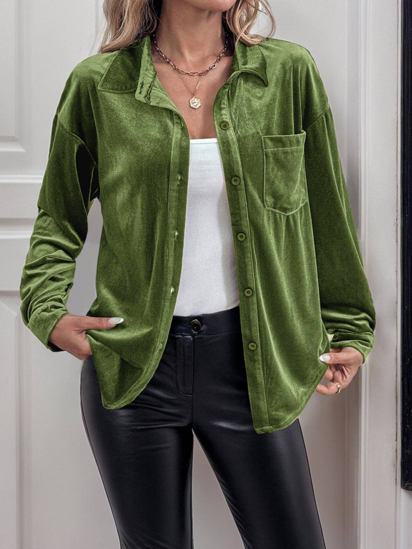 Suhkasana - Wholesale Button Down Shirt - Women's - Solid Velvet Button-Up Lantern Sleeve Collared Blouse7