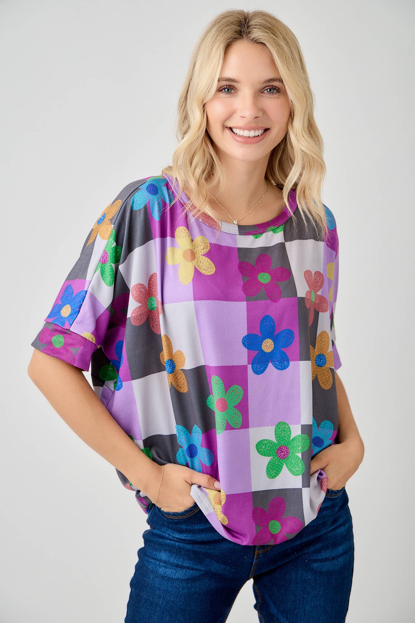 Celeste Clothing - Wholesale Tunic - Women's - WOMEN'S PLUS SIZE CHECKERED FLORAL TOP WITH HIGH-LOW HEM  
20