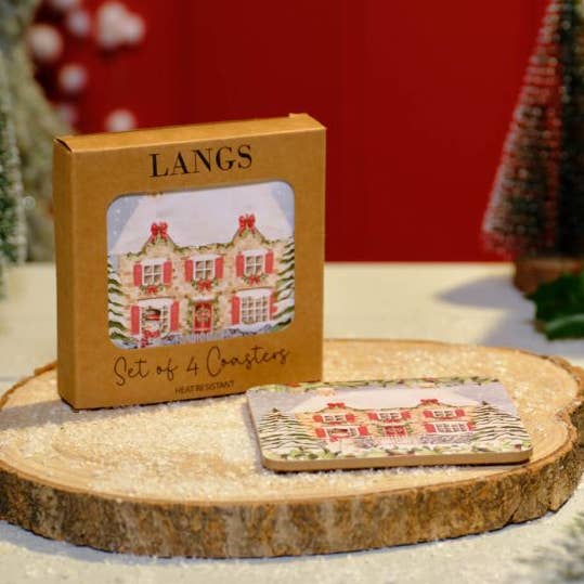 Langs - Venta al por mayor Posavasos - Caja de 4 posavasos resistentes al calor con escena de cabaña navideña0
