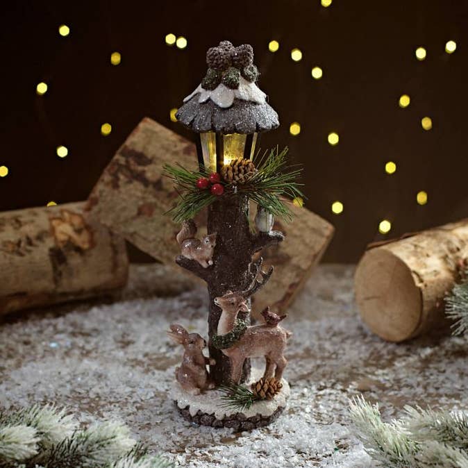 Langs - Wholesale Decorative Tabletop Object - Frosted Forest Resin Led Lamppost With Woodland Animals Ornament
0