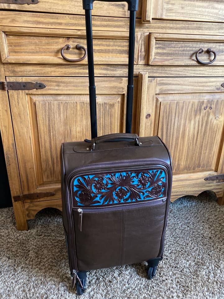 Chocolate Leather and Turquoise Carry On Roller Bag for wholesale by Nizhonitradersllc