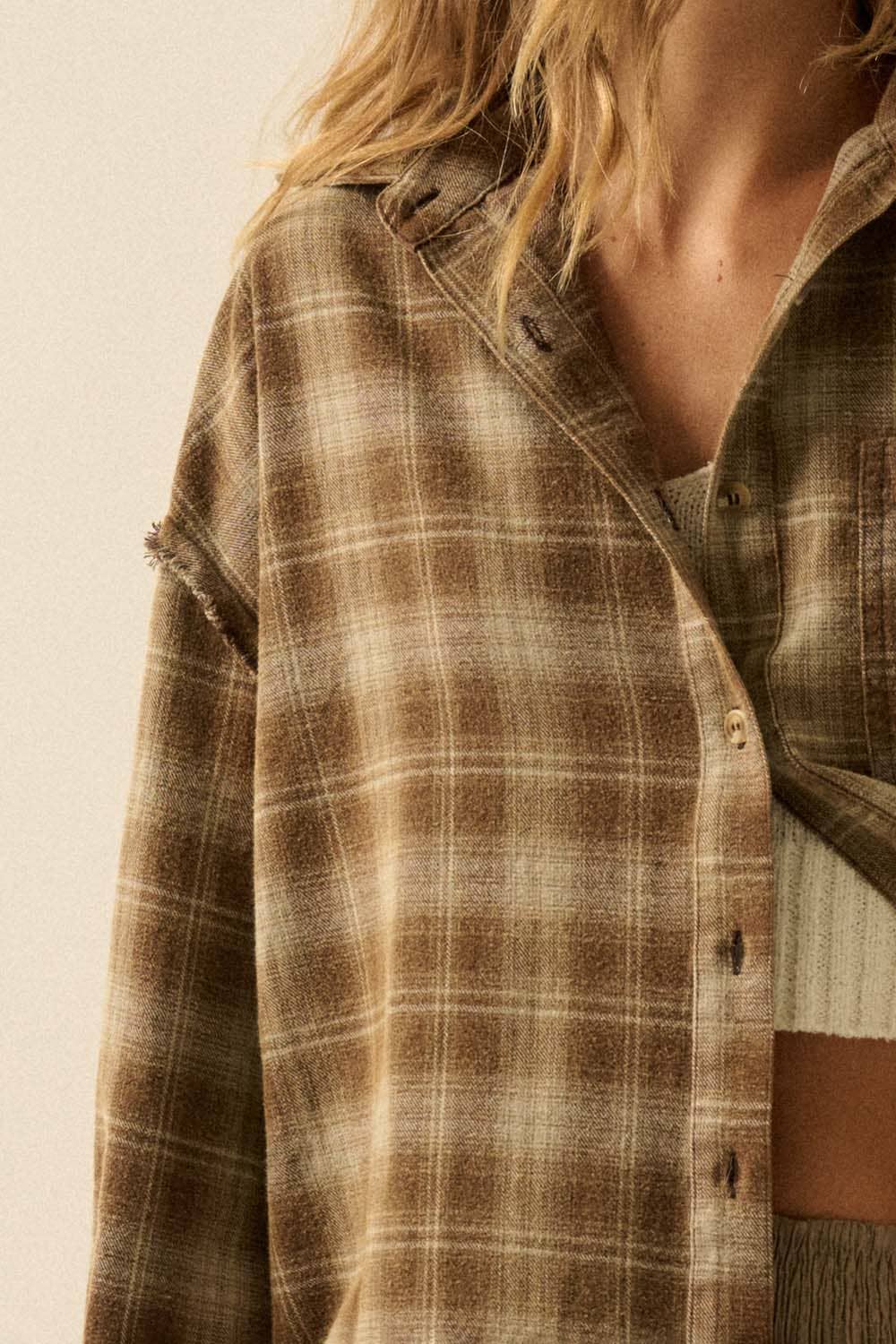 Promesa USA - Wholesale Button Down Shirt - Women's - Plaid Flannel Oversized Raw-Edge Pocket Shirt13