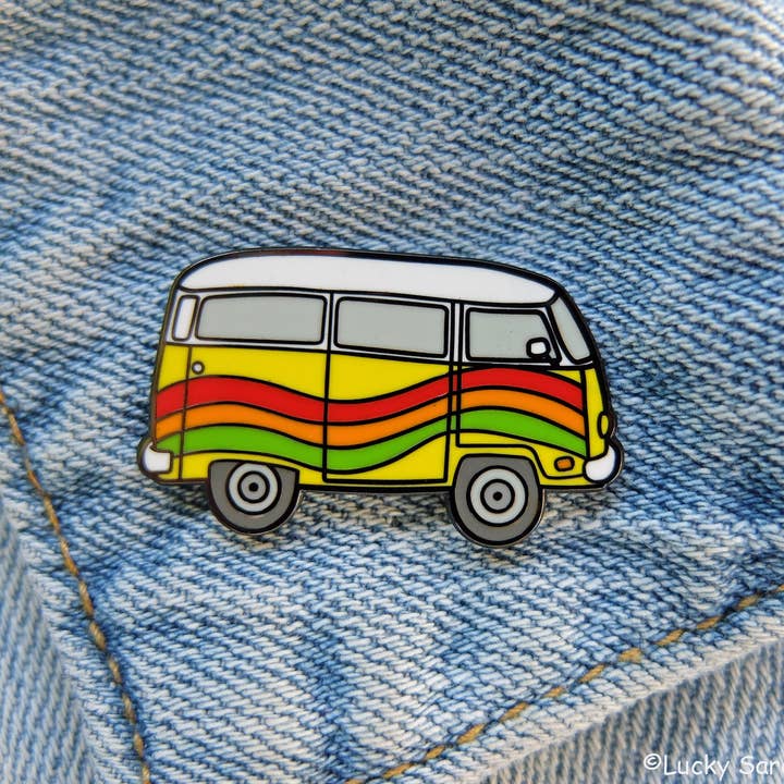 Lucky Sardine - Wholesale Lapel Pin/Button - Rainbow Hippie Van, 70s Adventure Yellow Bus Hard Enamel Pin