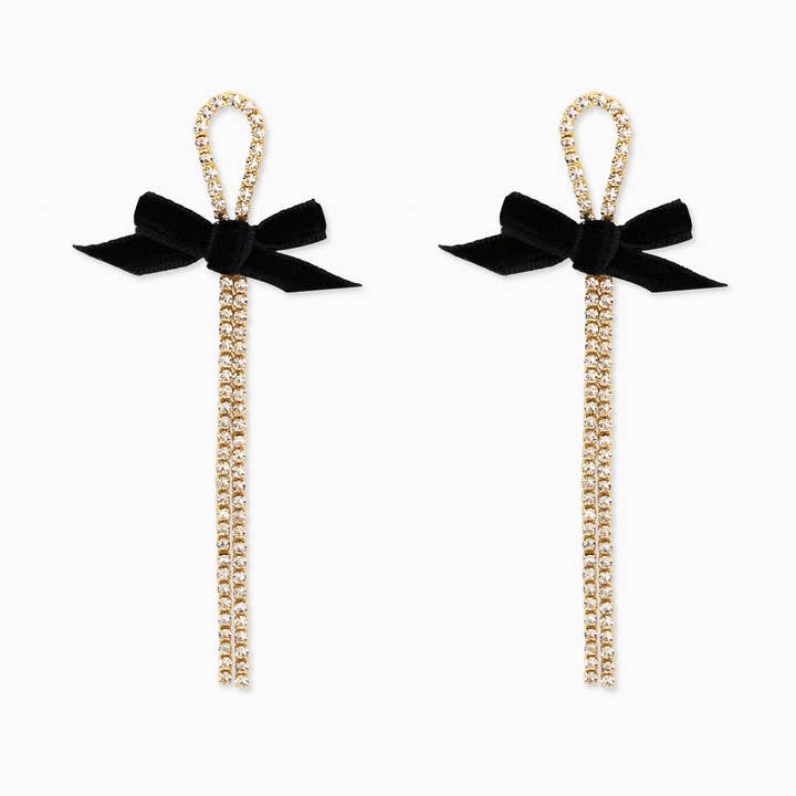 Sessori - Wholesale Hangende/ronde oorbellen - Zwarte fluwelen oorbellen met strass en strik0