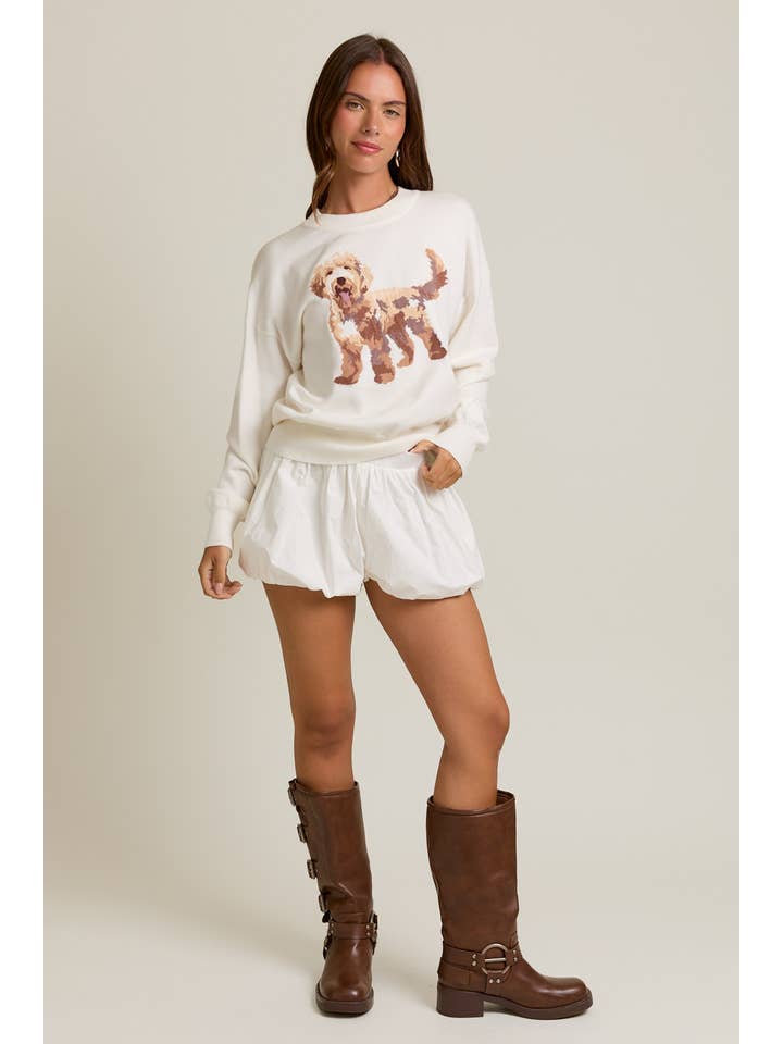 White LONG SLEEVE CREW NECK PUPPY GRAPHIC SWEATER for wholesale on Faire4