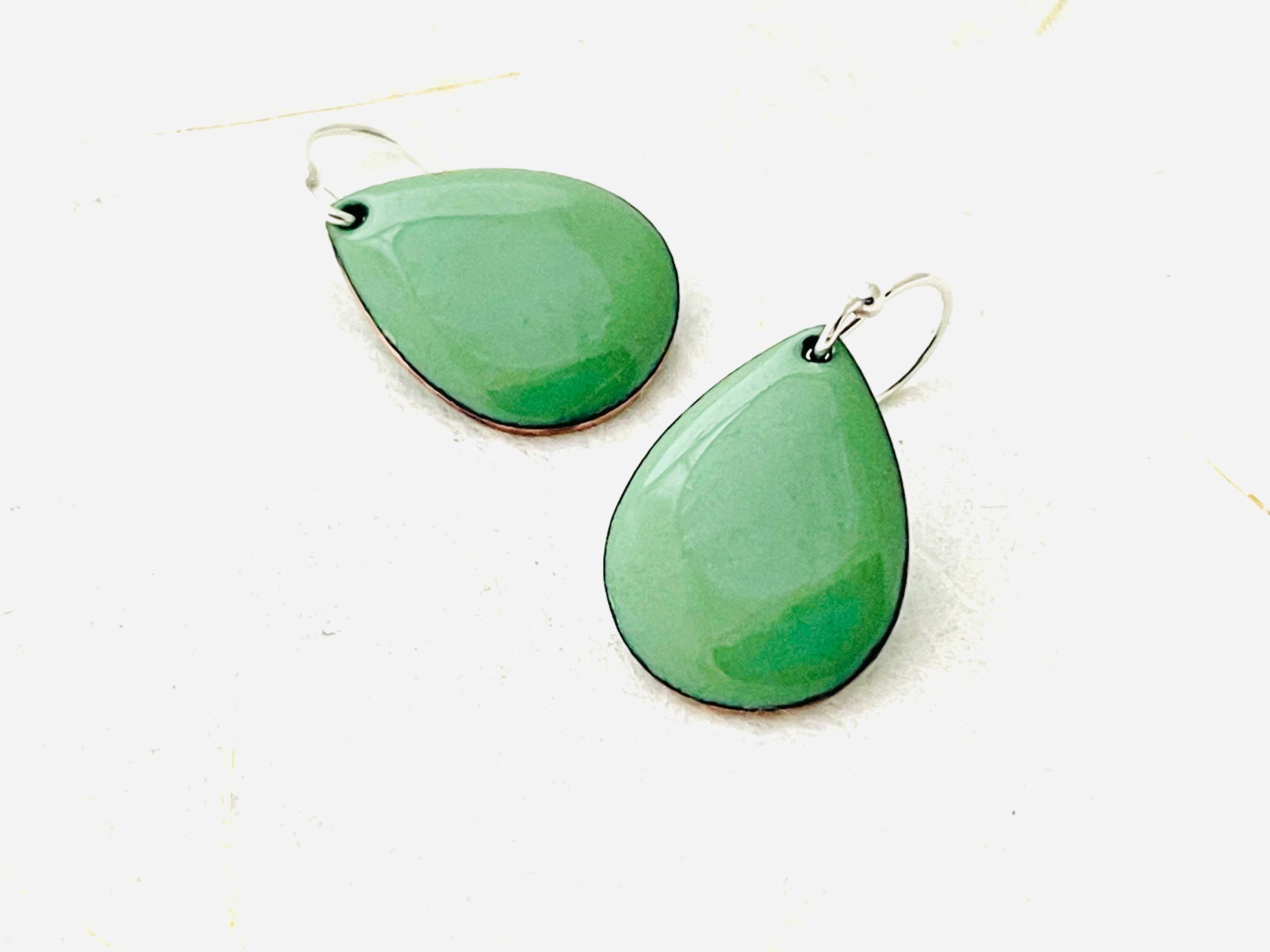 Magpie Mouse Studios – wholesale Dangle earrings – Small Teardrop Earrings, Willow Green Enamel Earrings3