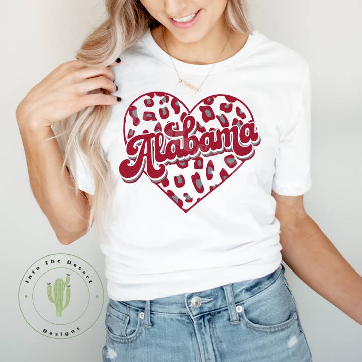 Alabama Crimson Leopard Print Heart Unisex T-shirt for wholesale by Into The Desert