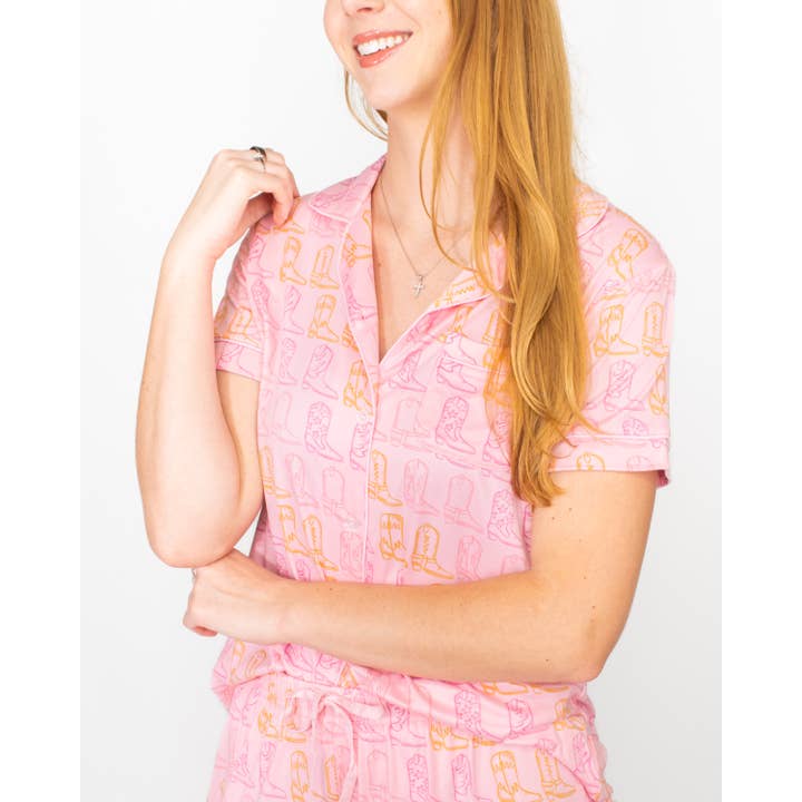Cowgirl Walk Short Sleeve Button Up Sleep Shirt Light Pink/Orange -Asst. for wholesale by The Royal Standard