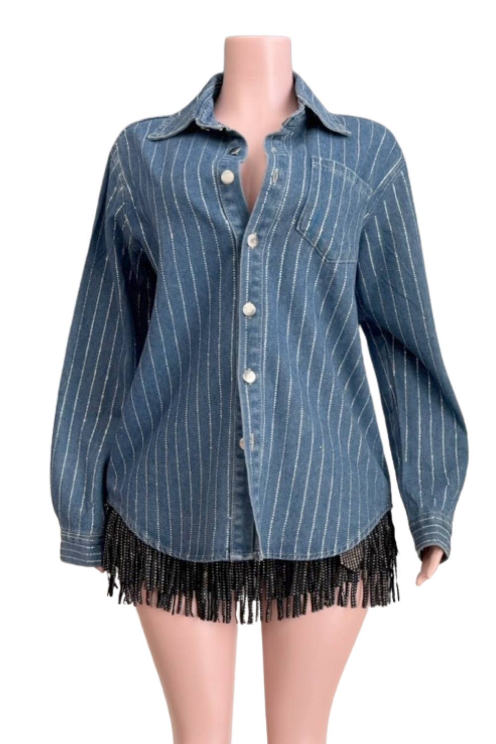 DENIM Chemise en denim NT1018A à rayures et strass partout avec boutons en vente sur Faire1