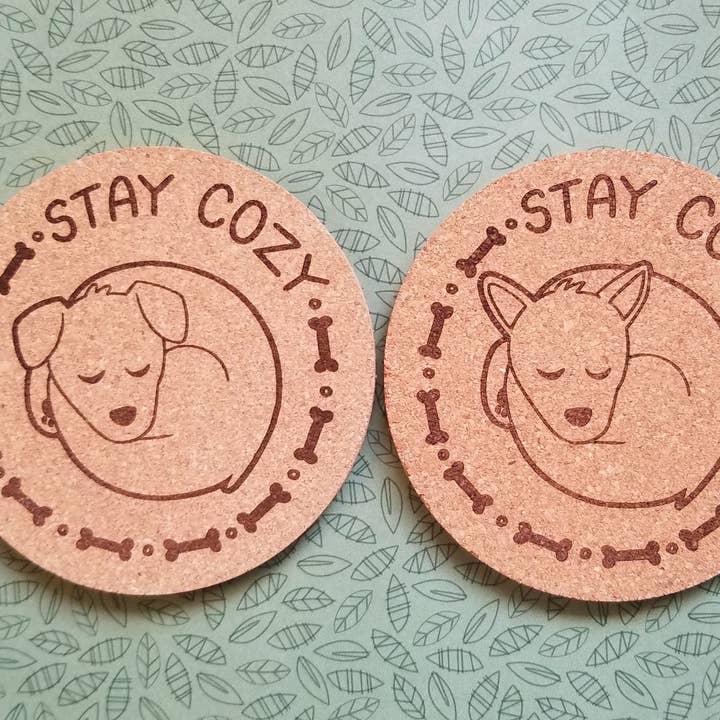 Stay Cozy Dogs Cork Coasters for wholesale by Jade Raven Arts