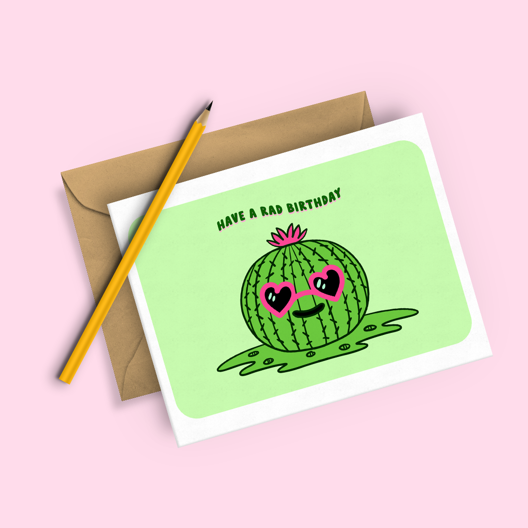 Squidly Designs - Wholesale Birthday Card - Have a rad birthday! Prickly Pear Cactus - Card 1