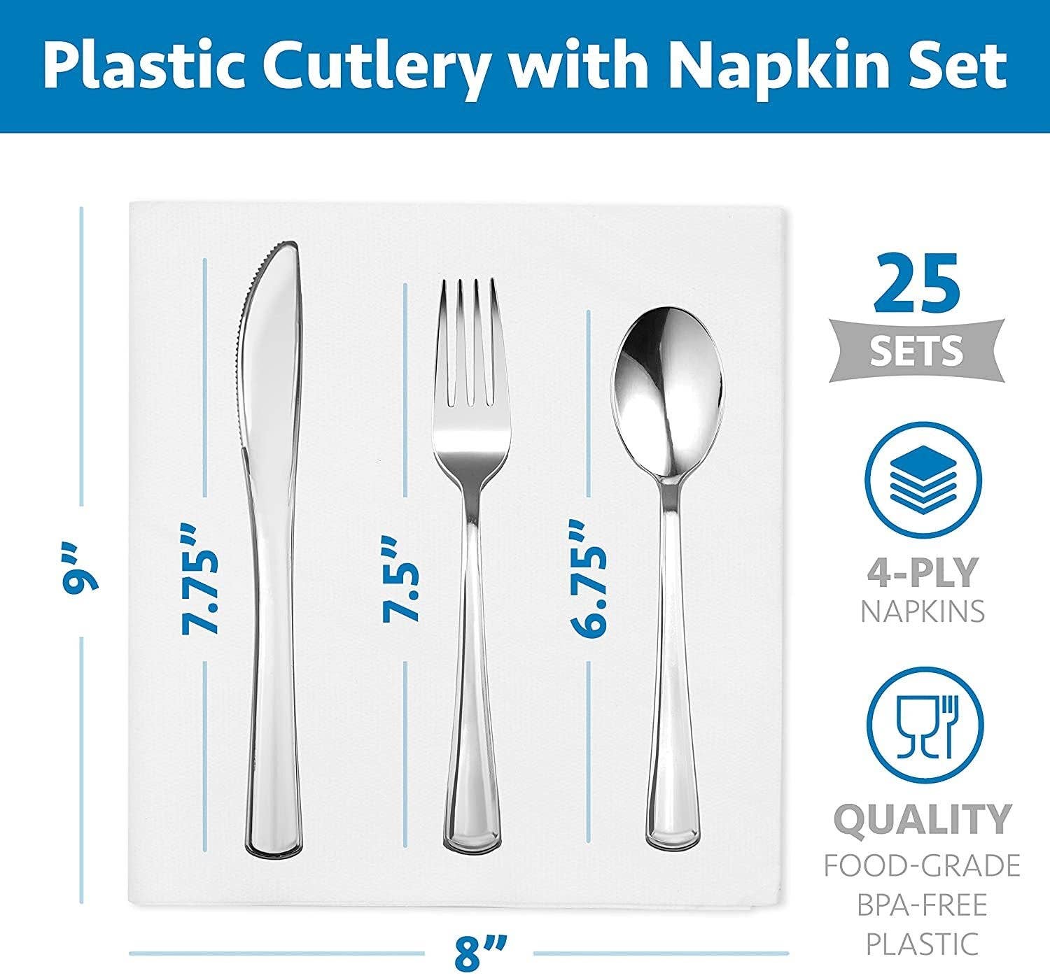 singleware - Wholesale Disposable Servingware Set - Elegant Plastic Silverware Set | 25 Each Heavyweight Disposable Forks, Knives & Spoons Beautifully Presented In Pre Rolled Party Napkins Premium Single Use Cutlery For Formal & Casual Events | Silver3